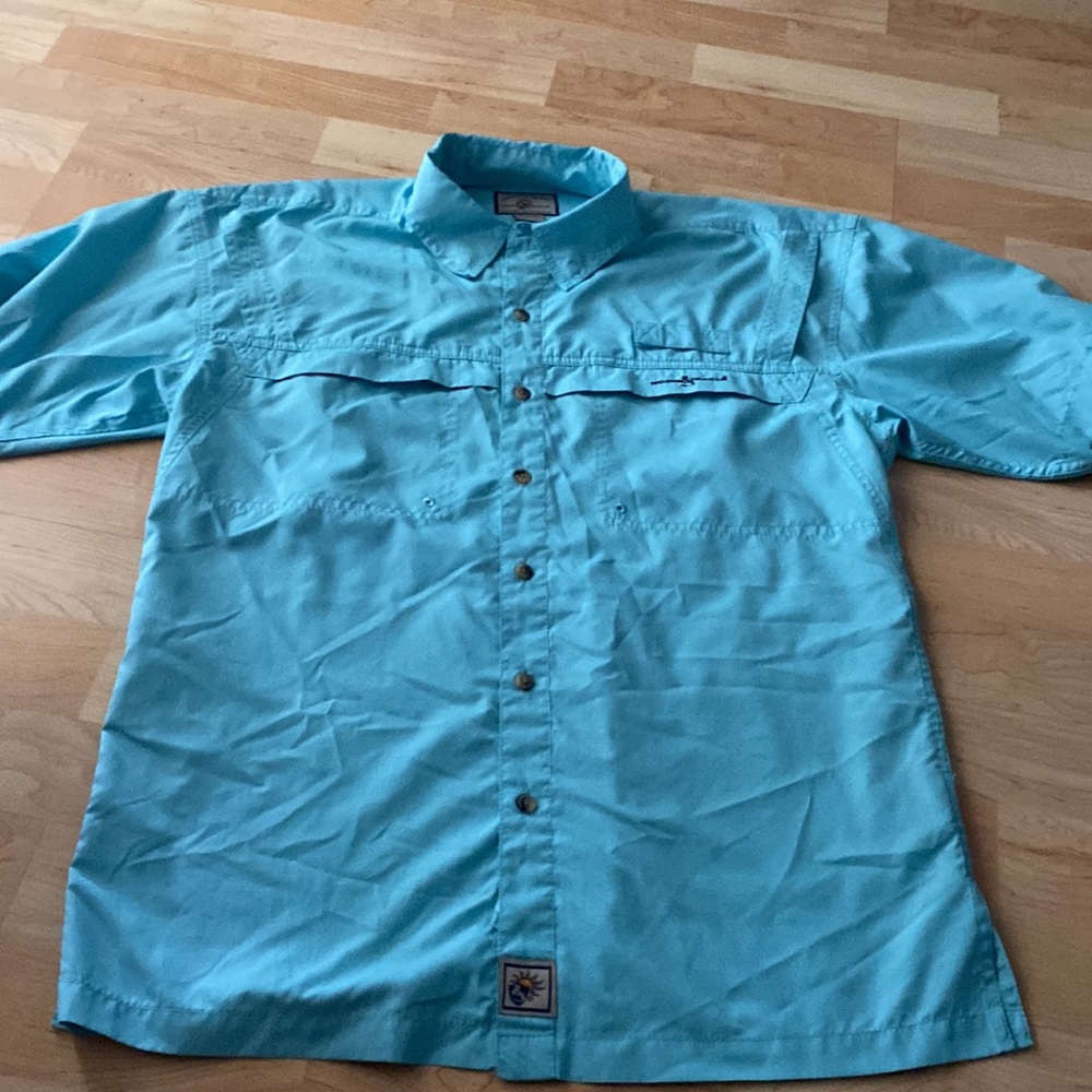 Men’s small Hook & Tackle blue sportsman fishing short sleeve button down shirt